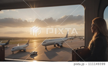 Business people in business attire wait at the airport, look at the tarmac with planes standing and flying, and make their way to boarding 111149399