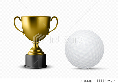 Vector 3d Realistic Blank Golden Champion Cup Icon with Golf Ball Set Closeup Isolated. Design Template of Championship Trophy. Sports Awards, Victory Celebrations, Golf Championship Concept 111149527