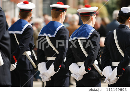 French sailors in white gloves in rank at 8 may French sailors in white gloves in rank at 8 may 111149698