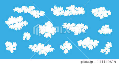 Cute fluffy cartoon white linocut textured clouds. Retro comic cloud elements for kids print design, patterns, stickers, apps and books decoration Cute fluffy cartoon white linocut textured clouds. Retro comic cloud elements for kids print design, patterns, stickers, apps and books decoration 111149819