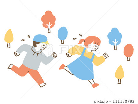 慌てて逃げている男の子と女の子_色 111150792
