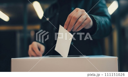A man hand with a ballot paper. The hand puts the ballot in the slot of the box. Voting in elections. A man votes at a polling station. AI Generated 111151026