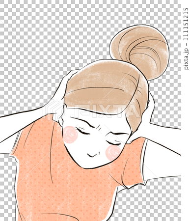 Stock Illustration: A woman in a pink shirt holding her head and covering her ears 111151215
