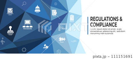 Regulations and Compliance Web Header Banner with Icon Set  - Governmental and Approval Stamp 111151691