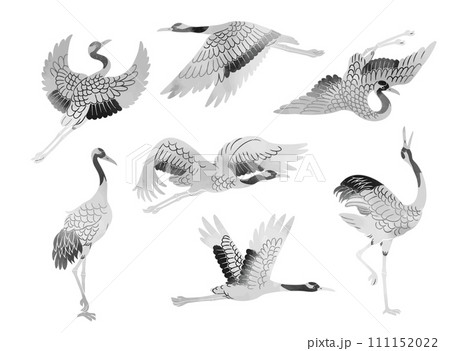 水墨画風の鶴のベクターイラストセット 111152022