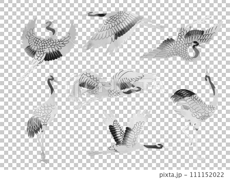 水墨画風の鶴のベクターイラストセット 111152022
