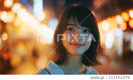 都会の夜を背にした一人の女性の優美なポートレート 都会の夜を背にした一人の女性の優美なポートレート 111152279
