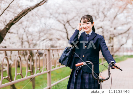春に桜並木を自転車で学校に通う中学生・高校生・女子高生・女子高校生（通学・下校） 111152446