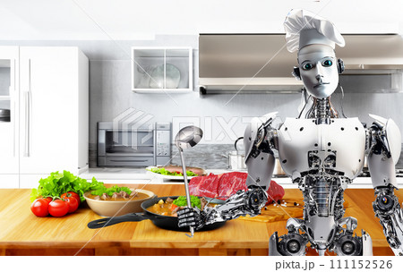 キッチンで料理しているシェフロボット　家政婦ロボット　生活 111152526
