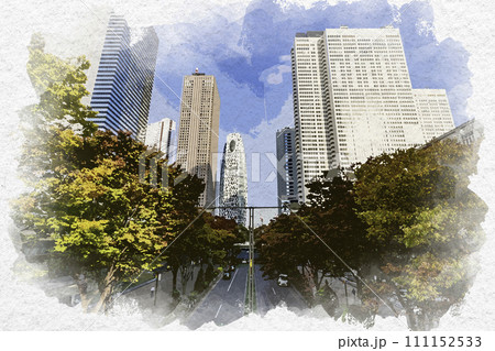 水彩画風 西新宿 中央通り沿いの高層ビル 東京都新宿区 水彩画風 西新宿 中央通り沿いの高層ビル 東京都新宿区 111152533