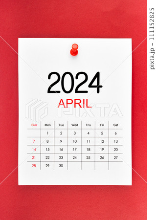 April 2024 calendar page with push pin on red background. April 2024 calendar page with push pin on red background. 111152825