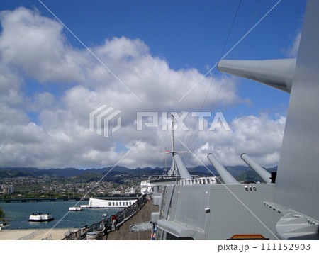 Large Metal Guns and deck on the Historic Battleship the USS Missouri 111152903