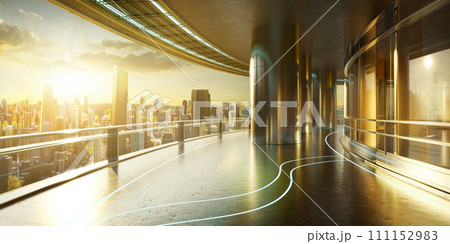 3D futuristic curved shapes design metal facade office exterior with stunning sunrise city skyline 3D futuristic curved shapes design metal facade office exterior with stunning sunrise city skyline 111152983