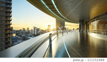 3D futuristic curved shapes design metal facade office exterior with stunning sunrise city skyline 3D futuristic curved shapes design metal facade office exterior with stunning sunrise city skyline 111152989