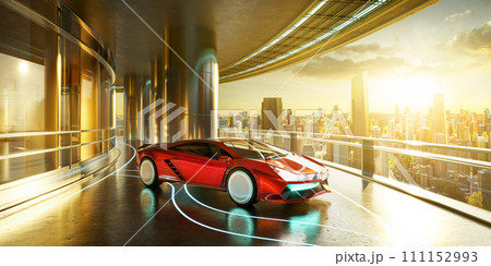 3D rendering an unbranded luxury sports car is parked outside the office with stunning sunrise views of the city skyline 3D rendering an unbranded luxury sports car is parked outside the office with stunning sunrise views of the city skyline 111152993