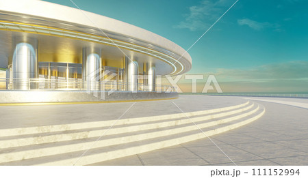 3D rendering modern art curved building exterior with brick floor and stair 3D rendering modern art curved building exterior with brick floor and stair 111152994