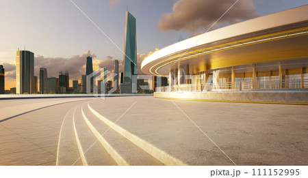 3D rendering modern art curved building exterior with brick floor and stair 3D rendering modern art curved building exterior with brick floor and stair 111152995