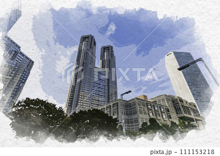 水彩画風 西新宿 東京都議会議事堂と東京都庁 東京都新宿区 水彩画風 西新宿 東京都議会議事堂と東京都庁 東京都新宿区 111153218