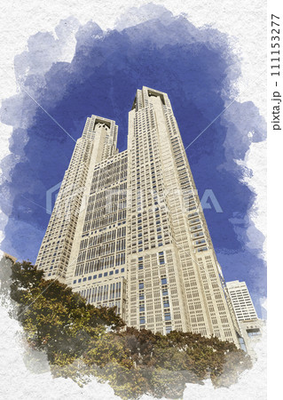 水彩画風 西新宿 東京都庁 東京都新宿区 水彩画風 西新宿 東京都庁 東京都新宿区 111153277