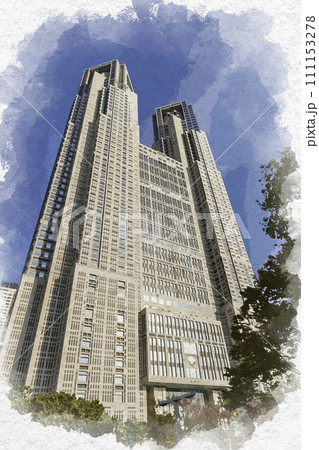 水彩画風 西新宿 東京都庁 東京都新宿区 水彩画風 西新宿 東京都庁 東京都新宿区 111153278