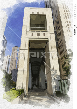 水彩画風 西新宿 東京都庁 東京都新宿区 水彩画風 西新宿 東京都庁 東京都新宿区 111153279