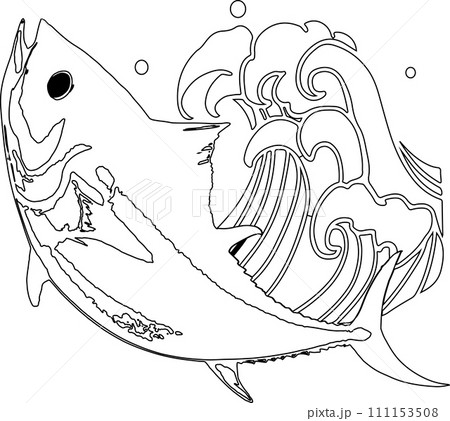 ジャンプするマグロと波の線画 111153508