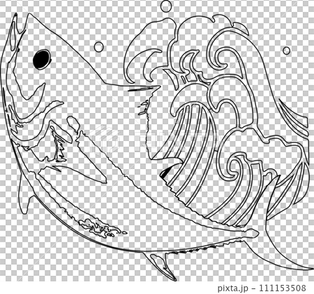 Line drawing of jumping tuna and waves 111153508
