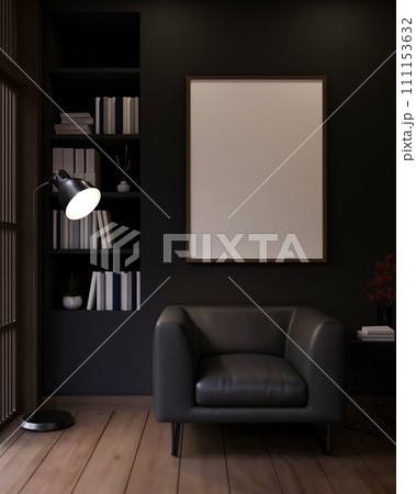 Modern black living room with a black leather armchair, a floor lamp, and a frame mockup on the wall 111153632