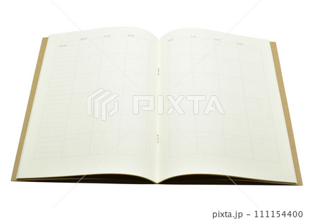top view image of open planner notebook with blank page, paper isolated on white background top view image of open planner notebook with blank page, paper isolated on white background 111154400