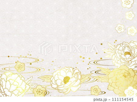 和風、背景、牡丹、花、麻の葉模様、横型、白 和風、背景、牡丹、花、麻の葉模様、横型、白 111154545