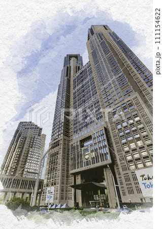 水彩画風　西新宿　東京都庁第一と第二本庁舎　東京都新宿区 111154622