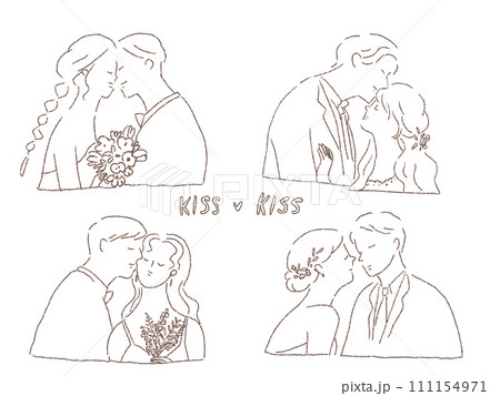 キスするカップル、新郎新婦、ウエディング、線画 キスするカップル、新郎新婦、ウエディング、線画 111154971