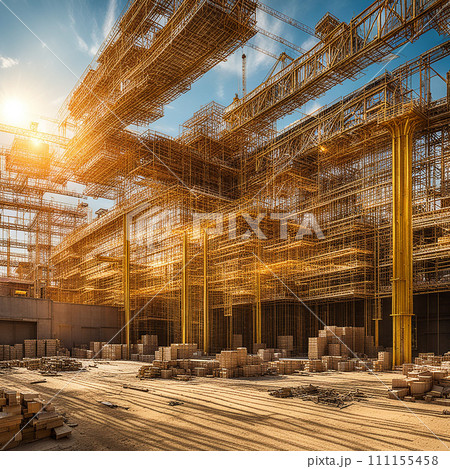 Large construction site including several cranes working on a building complex, with evening sunset, gold sunlight, construction business.AI-generated item 111155458