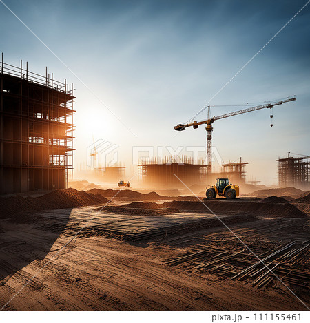 Large construction site including several cranes working on a building complex, with evening sunset, gold sunlight, construction business.AI-generated item 111155461