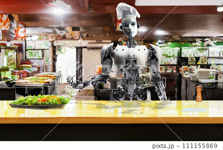 ロボットの飲食店店員　ロボットの料理人　ロボットのコック　ロボット　飲食　働くロボット 111155869