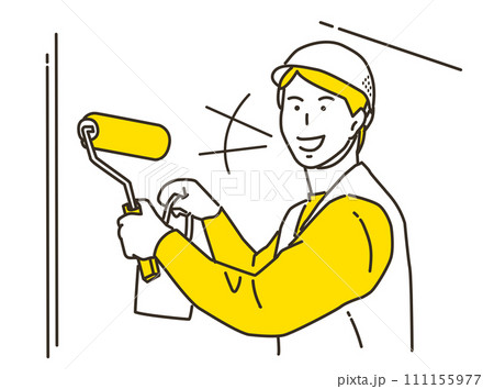 笑顔で塗装のローラーを持つカメラ目線の男性作業員 111155977