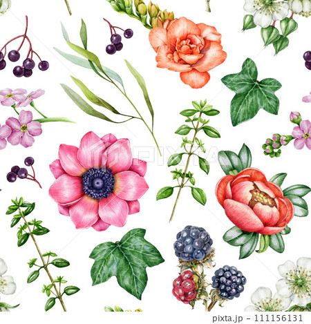 Garden flowers and natural elements seamless pattern. Watercolor illustration. Floral ornament on white background. Freesia, anemone, raspberry, ivy green leaves in garden floral seamless pattern 111156131