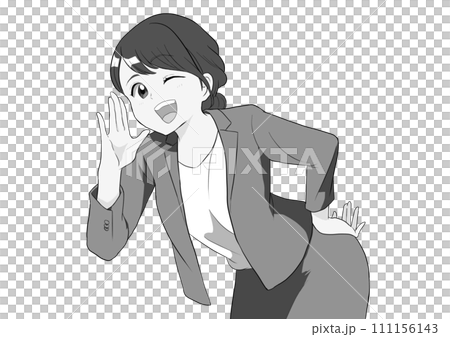 A woman greeting with her hands on her hips, winking, gray 111156143