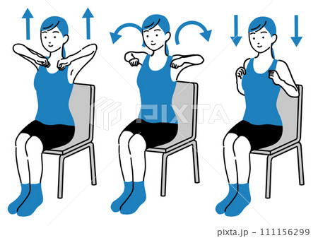 椅子に座って肩こり解消ストレッチをする女性のイラスト 111156299