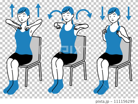 Illustration of a woman sitting on a chair and stretching to relieve stiff shoulders 111156299