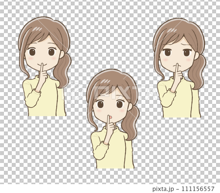 「お静かに」のポーズをするロングスカート女性（表情3種、上半身） 111156557
