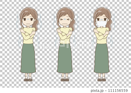 A woman in a long skirt shivering from the cold (2 expressions + mask) 111156559