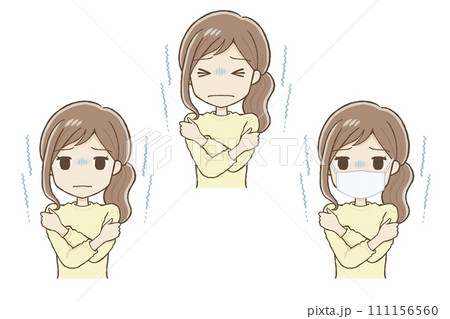 寒くて震える黄色い服の女性（表情2種＋マスク）上半身 111156560
