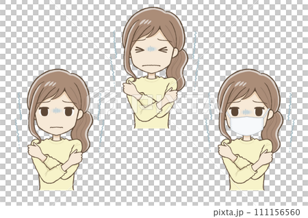寒くて震える黄色い服の女性（表情2種＋マスク）上半身 111156560