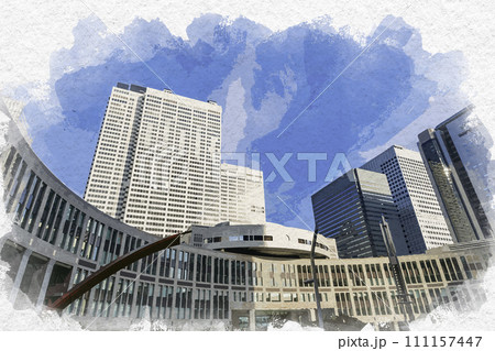 水彩画風　西新宿　東京都庁都民広場　東京都新宿区 111157447