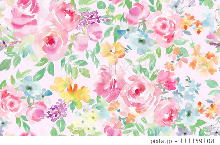 水彩で描いたピンクのバラと草花のシームレスパターン 水彩で描いたピンクのバラと草花のシームレスパターン 111159108