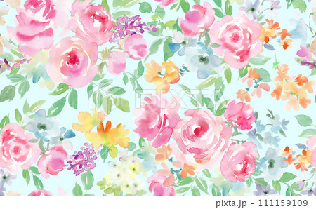 水彩で描いたピンクのバラと草花のシームレスパターン 111159109