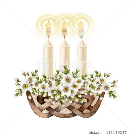 Watercolor bouquet of white primroses - forget-me-nots in a wicker basket with candles for Easter, wedding, Women's Day, Valentine's Day, birthday, Mother's, Father's Day, spring and summer bouquets 111159237