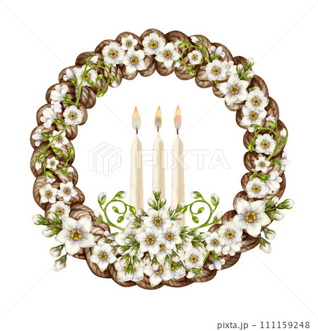 Watercolor bouquets of white primroses - forget-me-nots on a wreath, with candles for Easter, wedding, Women's Day, Valentine's Day, birthday, Mother's Day, Father's Day, spring and summer bouquets 111159248
