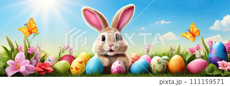A cute Easter bunny with a basket of eggs and spring flowers is an illustration of a children character, a traditional holiday card. AI generated 111159571